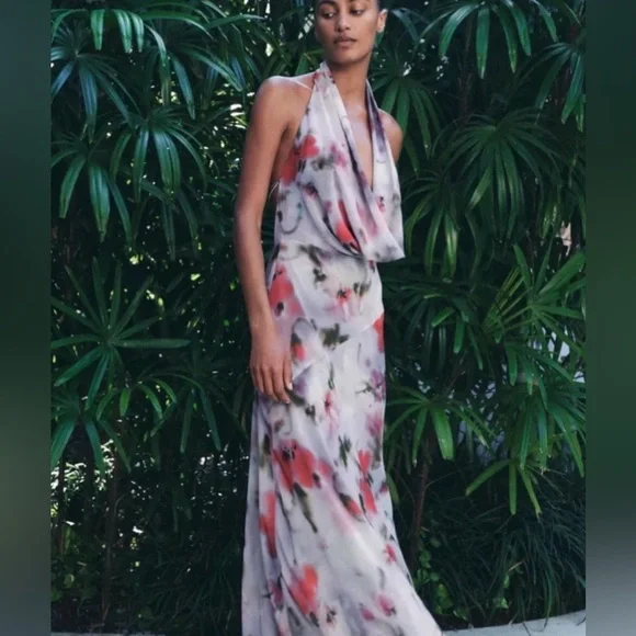Zara Backless Halter Midi Dress in Light Purple with Coral Floral - Picture 3 of 3